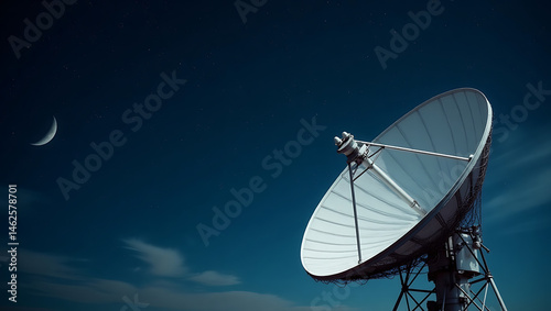 Satellite Communication Technology: High-Tech Antenna Signals Under Moonlit Evening Sky