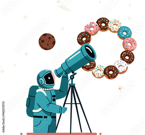 Astronaut observing colorful donut-shaped planets through telescope vector illustration 