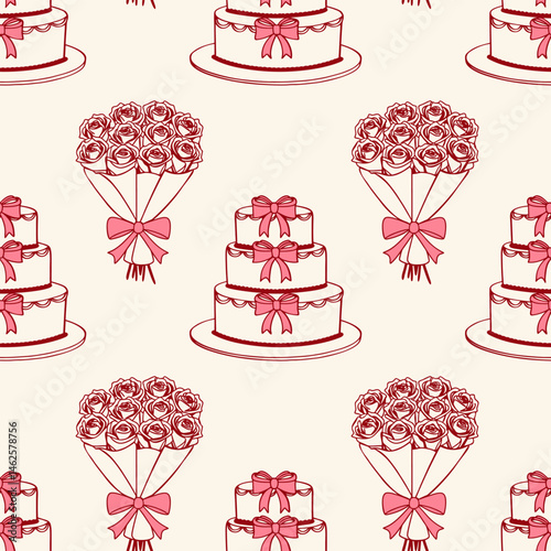 Seamless pattern with elegant wedding cakes and bouquets of roses with bows. Festive background.