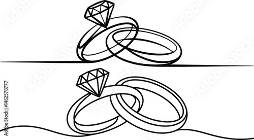 Diamond Wedding Rings Line Art, Minimalist Engagement and Marriage Vector Design.