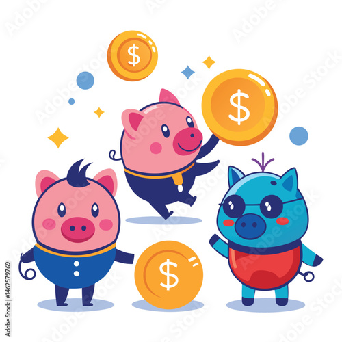 Three depictions of a piggy bank receiving a dollar coin white background.