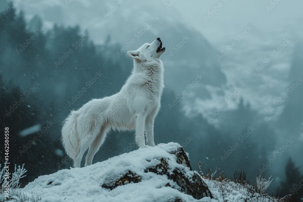 Obraz premium White wolf standing majestically on a mountain peak, surveying its surroundings with a snowy landscape stretching far and wide.