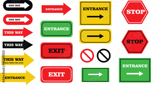 Directional Signs with Arrows, Entrance, Exit, Stop, and No Entry Symbols for Navigation and Safety Guidance