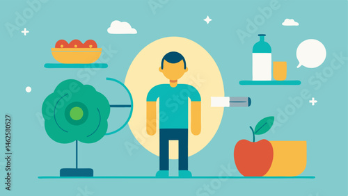 Healthy Lifestyle Connection A vector illustrating a patient practicing healthy habits like exercising and eating well with an MRI machine in the background symbolizing prevention.