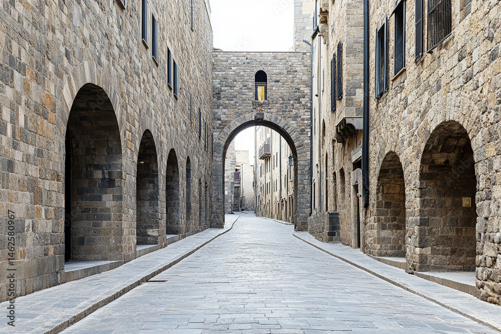 Fototapeta premium Medieval street showcases cobblestone pavement with historic architecture and arches bustling with life