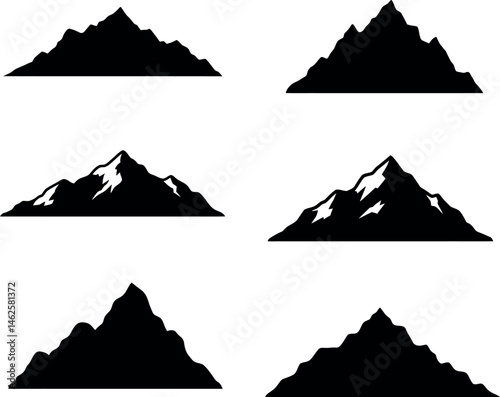Mountain silhouettes collection vector set with black shapes and varied peaks 