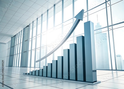 A rising bar graph with an arrow in a bright modern office with city view showing business growth photo