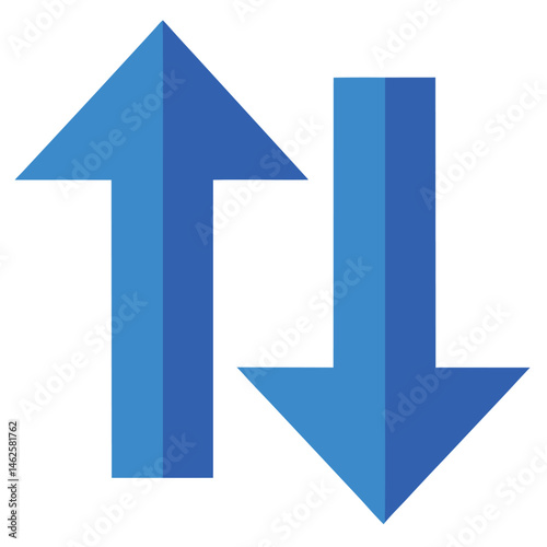 Two blue arrows, one pointing up and the other pointing down on white background