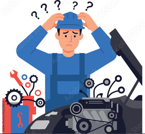Confused mechanic fixing car engine with question marks vector illustration 