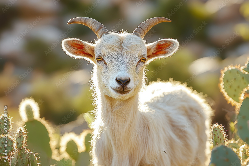 Obraz premium Goat with horns amidst cactus field.