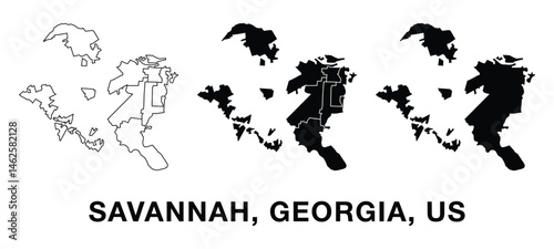 City of Savannah, Georgia, United States of America map set with administrative divisions, outline, and silhouette. Editable vector for infographics, presentations, and educational use.