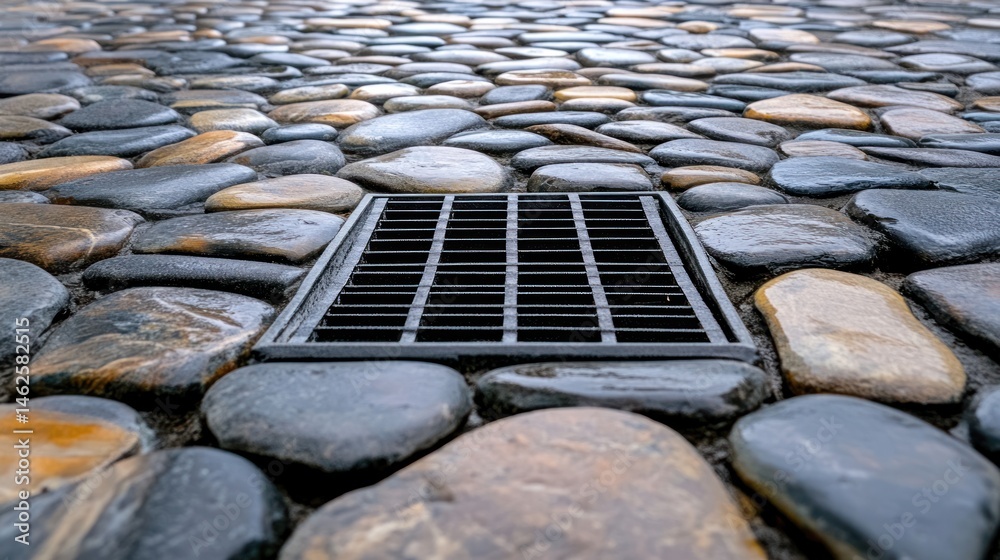 Fototapeta premium Cobblestone pavement with drainage grate