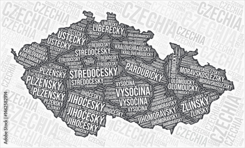 Czechia regions map word cloud. Czechia region names. Black and white map design. Creative vector illustration.