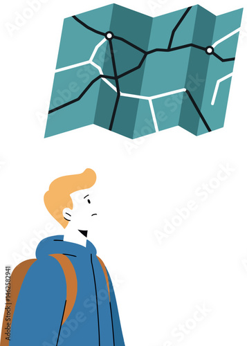 Solo traveler with backpack looking at folded map navigation concept vector illustration 