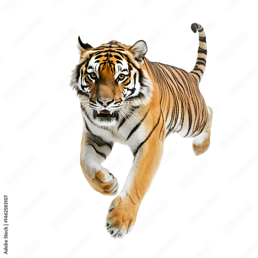 Obraz premium Powerful Tiger in Mid-Leap, Isolated on transparent Background