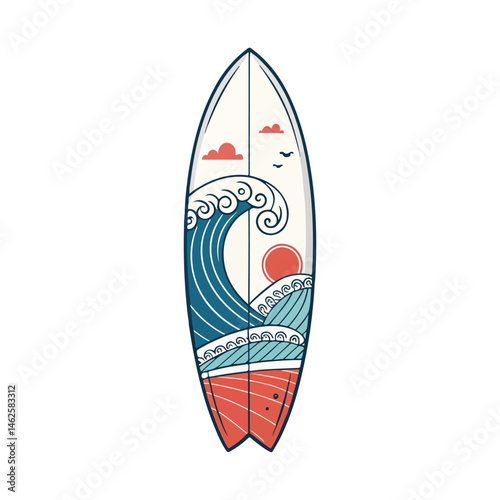 The concept of a summer exotic holiday in a modern style. Surfboard with summer exotic watermelon background isolated on white background. Stylish tropical vector poster.