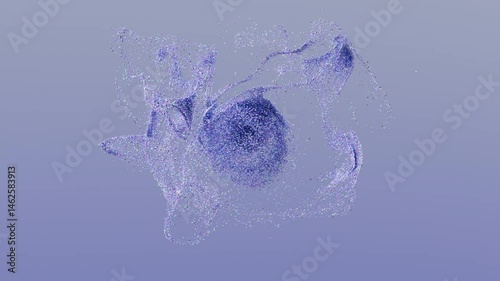 Abstract blue-violet particle cloud forming and dispersing from 3D shape, 4k animation. 2160p 