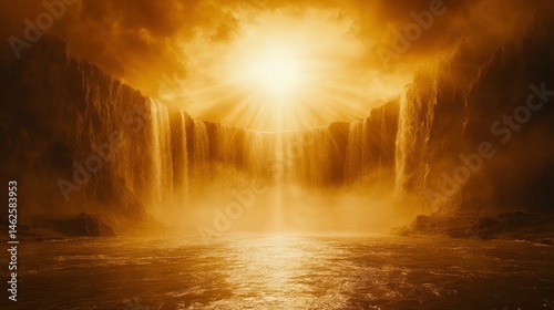 Fototapeta Naklejka Na Ścianę i Meble -  Golden waterfall cascading into a sunlit pool