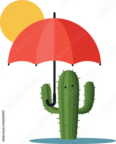 Cactus holding red umbrella with yellow sun vector illustration protection concept 