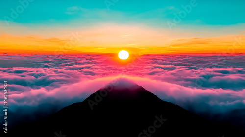 Vibrant Sunset Over a Mountain Ridge with Pink Clouds and a Golden Glow