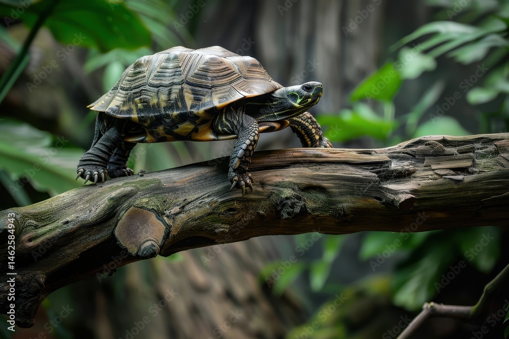 Naklejka premium Tortoise climbing over a fallen branch, its determination evident in every step
