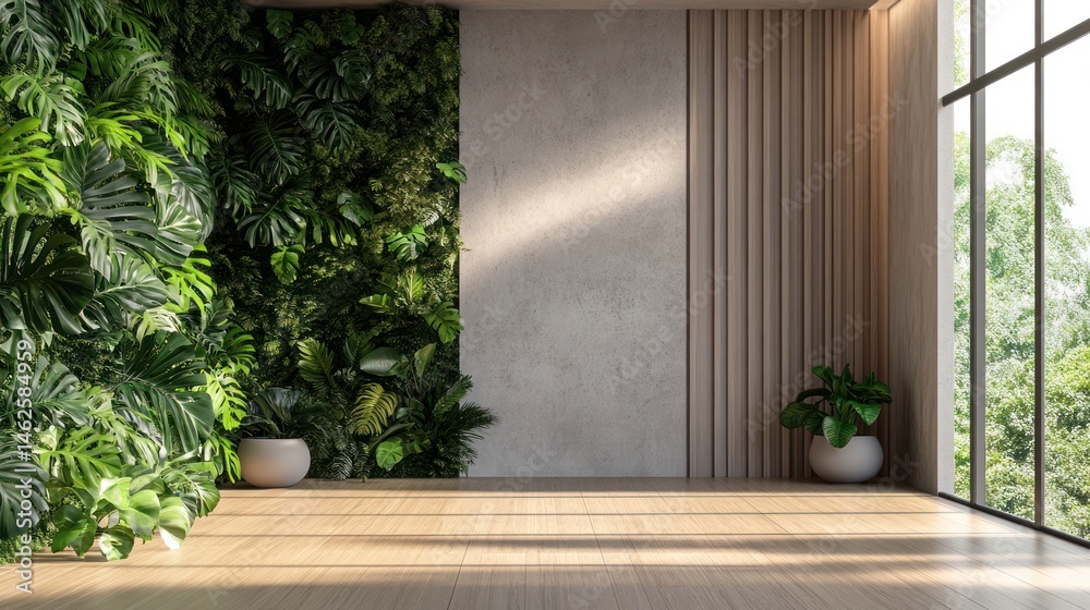 Fototapeta premium Sunlit room, living wall, plants, wooden floor, window