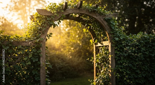 Beautiful garden arch covered with climbing ivy in warm sunlight during golden hour 
