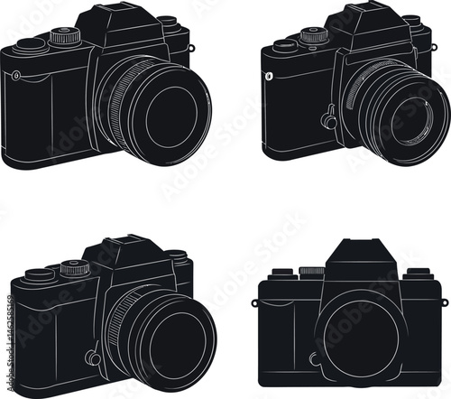 Vintage camera silhouette set with different angles black illustration vector design 