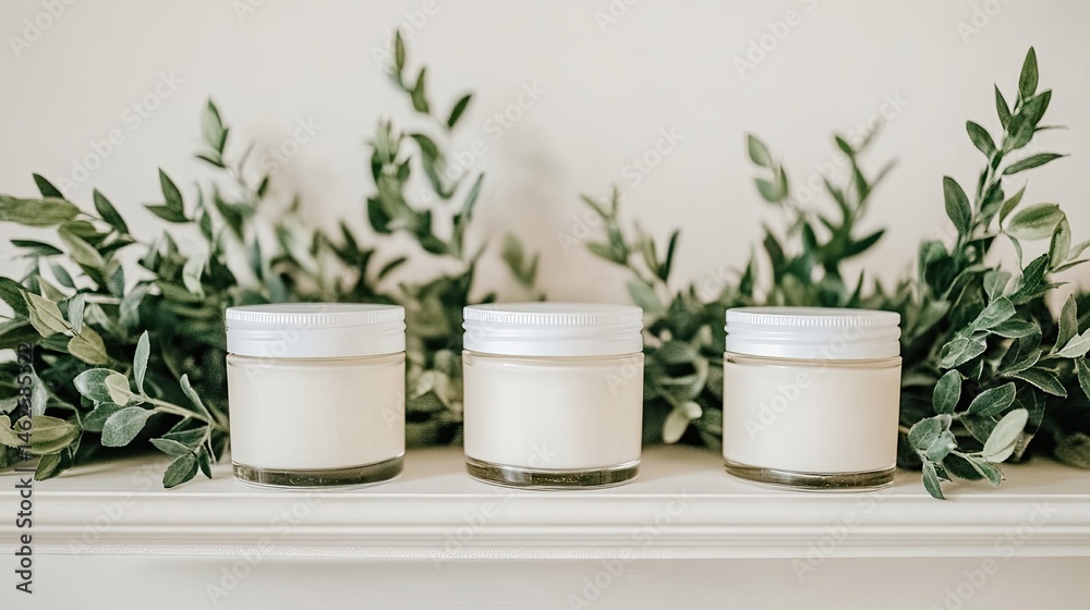 Fototapeta premium Three cream jars arranged on a shelf with greenery.
