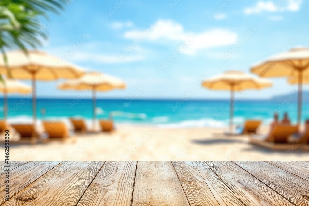 Obraz premium Empty wooden table with blurred sun umbrellas and sea background on sunny summer day
