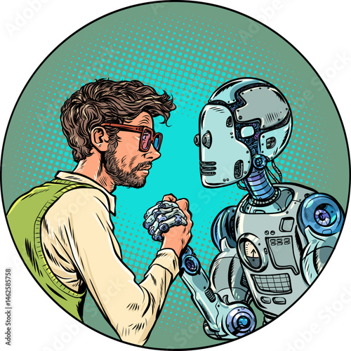 Pop Art Retro Robot and man fight each other. Arm wrestling between opposites. Human defense against AI.