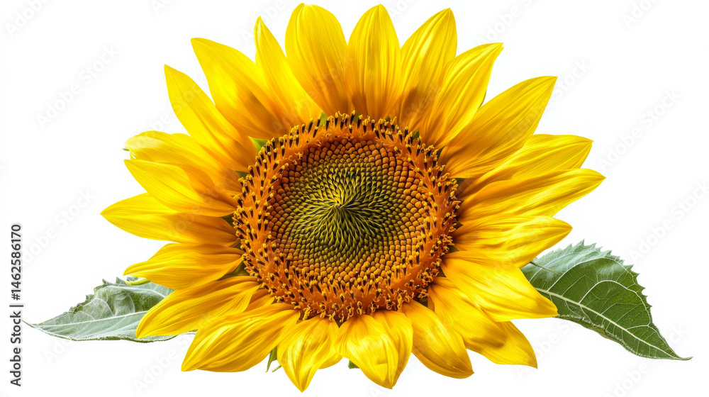 Fototapeta premium Bright sunflower showcasing vibrant yellow petals and contrasting green leaves, perfect for summer gardens and floral arrangements