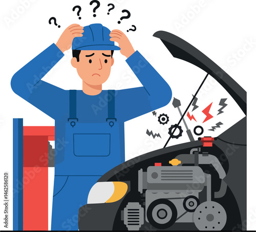Mechanic Troubleshooting Car Engine with Question Marks Illustration Vector 