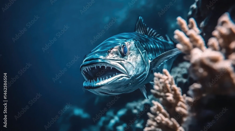 A barracuda lurks near a coral wall with sharp teeth and intense gaze A barracuda lurks near a coral wall with sharp teeth and intense gaze