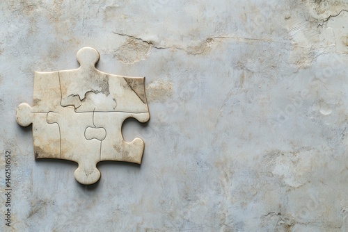 Weathered puzzle pieces joined on mottled stone background