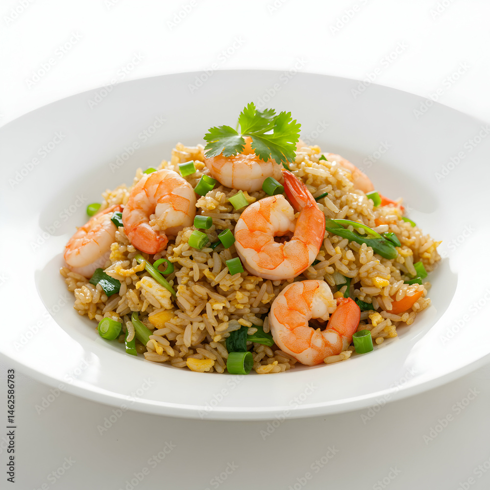 A close up shot of shrimp fried rice served on a white plate with green onions and cilantro garnish A close up shot of shrimp fried rice served on a white plate with green onions and cilantro garnish