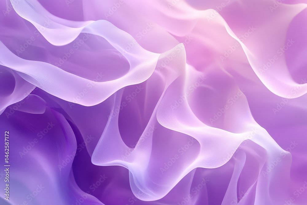 Fototapeta premium Abstract swirling fabric design in soft purple and white tones.
