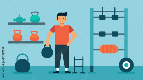 HighIntensity Free Weights A heavy weight section where a customer is deciding between kettlebells and dumbbells with background racks filled with gym equipment.