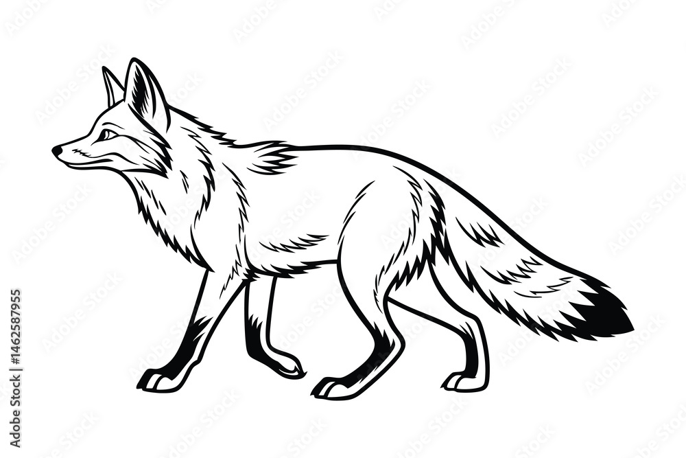 Fototapeta premium Wild Fox Walking Line Art vector, Outline fox sketch in Forest Animal Vector, fox Hand-Drawn Outline Illustration.