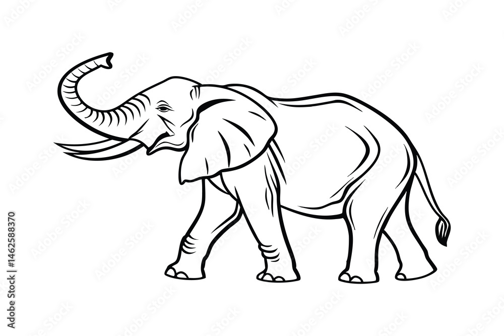 Obraz premium Majestic Walking Elephant Line Art, elephant Black and White Vector Drawing, Wild elephant Illustration coloring page.