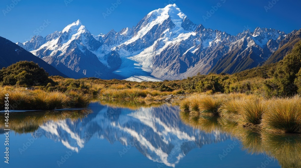 Fototapeta premium Majestic snow-capped mountain reflected in a tranquil alpine lake