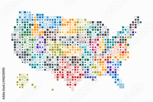 United States, shape of the country built of colored cells. Digital style map of the United States on white background. Small size square blocks. Plain vector illustration.