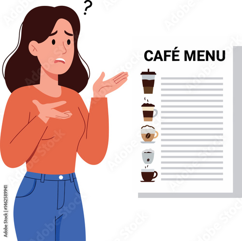 Confused woman looking at café menu vector illustration with question mark and drink icons 