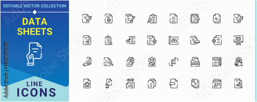 Data Sheets icon set. Contains related to note, page, folio, file, document, copy and more. Documents vector line icon set. Vector outline icons collection. Editable stroke. Vector illustration.