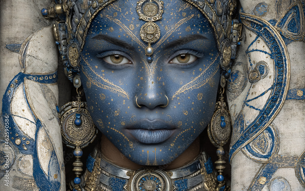 Obraz premium ornate female portrait in blue ceremonial attire with detailed patterns and metallic jewelry, fantasy cultural costume with face decorations and symmetrical makeup, mystical goddess aesthetic 
