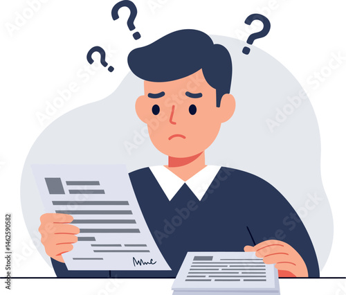 Confused man reading documents with question marks above head vector illustration 