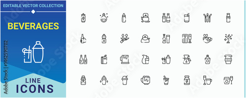 Beverages icon set. Contains outline symbols like wine, beer, drinks, soda, juice and more. Drink And Juice icon set. Icons for application. Editable vector illustration.