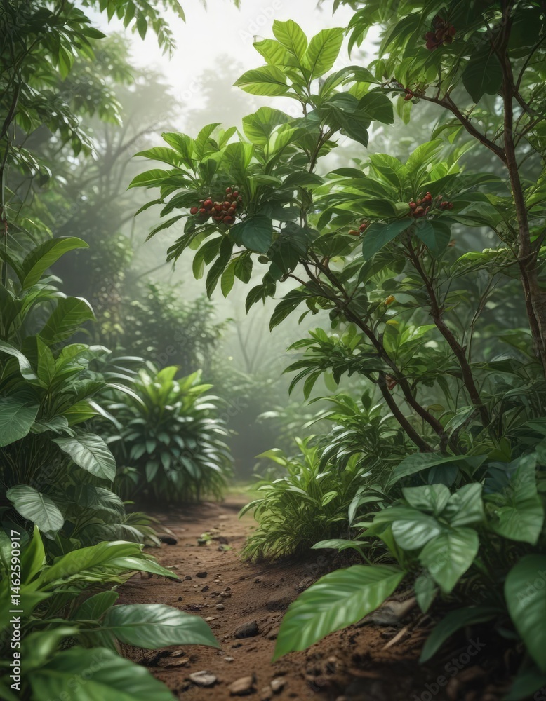 Obraz premium Coffee plant saplings thrive amidst lush foliage, showcasing early growth stages , image, tropical, growth