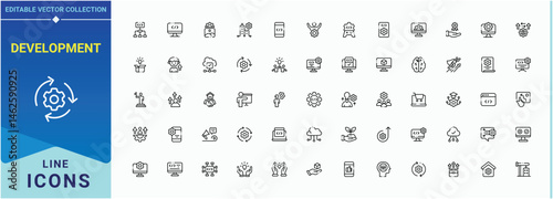 Development icon set. Pack of evolution, process, challenge, expansion, success, innovation and more. Expansion icon collection. Minimalist icons set. Art and illustration.