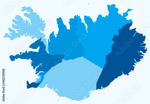Map of Iceland with regions. Just a simple country border map with region division. Light blue color palette. Flat Iceland shape with administrative division. Vector illustration.
